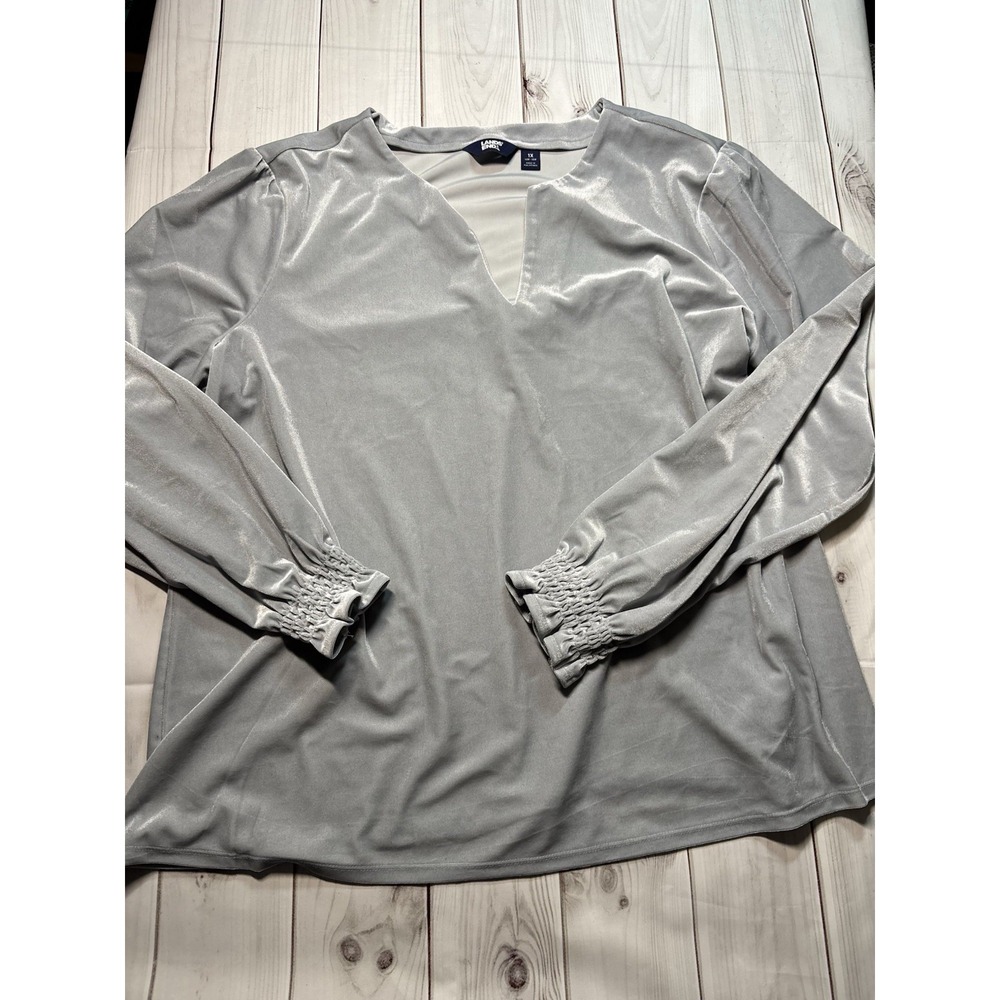 Lands End Women 1X Light Grey Velvet Long Sleeve Holiday Top Split V-Neck Blouse